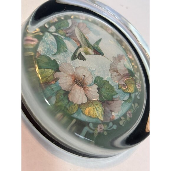 Glass Paperweight With Hummingbird & Floral Design - Round With Black Felt Base - Picture 5 of 6